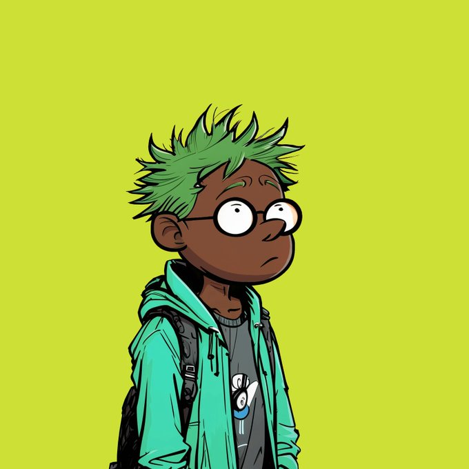 A cartoon illustration of a young boy with green spiky hair, round glasses, a teal hoodie, and a backpack, standing against a solid lime green backdrop.