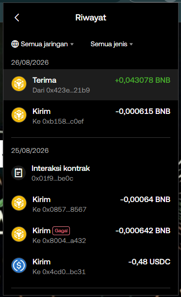 The image displays a transaction history (Riwayat) on a crypto wallet showing a received transfer of +0.043078 BNB dated 26/08/2026, supporting the post's claim that someone accidentally sent BNB to the user's wallet.