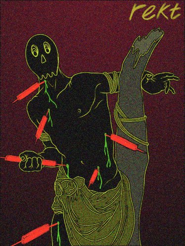 The image features a black figure with a green skirt, holding a bunch of red candles or matches. The figure appears to be a character from a comic book or graphic novel, possibly a superhero or a powerful being. The caption "Gm $REKT guys" suggests that this is likely a reference to the character Gm Rekt in the series.