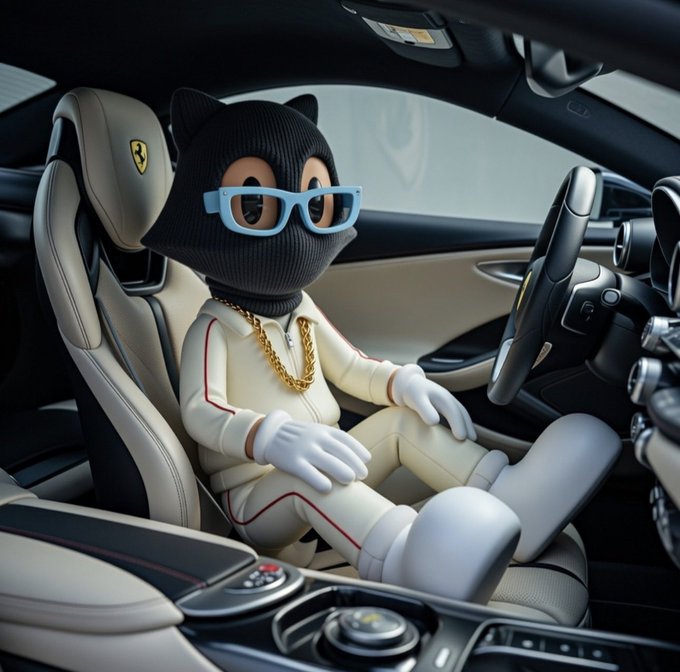 A black cat-like character wearing a black knit balaclava, blue sunglasses, a gold chain necklace, and a white racing suit sits in the driver's seat of a luxury sports car with cream leather seats.