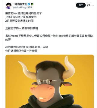 A Twitter/X post by @kakakimgyi1995 discusses a scammer named 麻吉 (Machi) who "bullied" bsc chain for his own wallet, noting the absence of a new wave after his posts in October, and expressing hope that the market will see another peak like the previous bull run. The image shows a stylized bull/cow character wearing glasses against a yellow background, symbolizing bullish market sentiment.