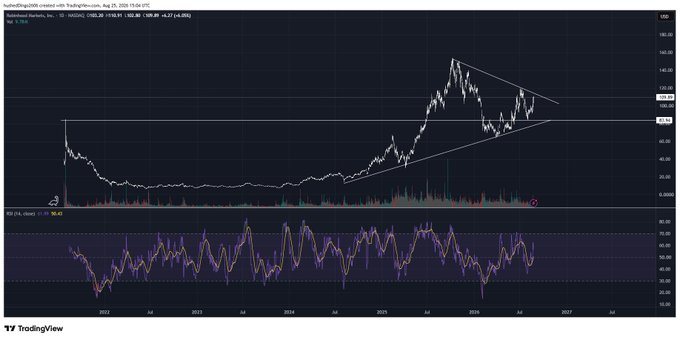 A long-term TradingView weekly chart for a USD-traded ticker (appears to be USDe or similar) showing a massive price spike in 2025 forming a large ascending triangle pattern, with an RSI indicator below.