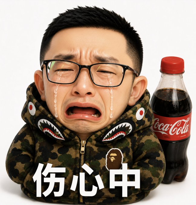 A caricature of a crying Asian man wearing glasses and a camouflage BAPE hoodie next to a Coca-Cola bottle, with the Chinese text '伤心申' (Heartbroken Shen) displayed prominently.