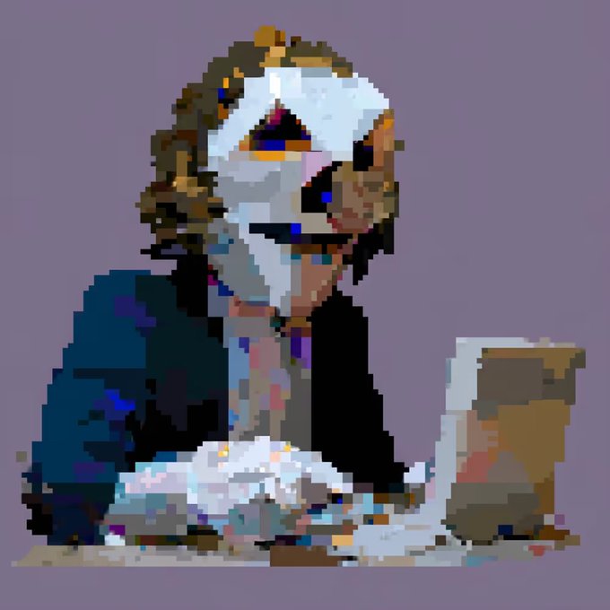 A pixelated, stylized portrait of a man with curly hair appears in a cubist art style with fragmented facial features against a gray background.