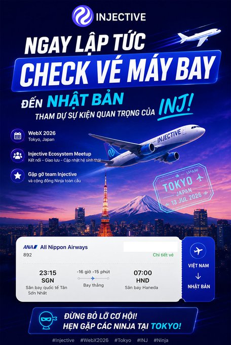 A Vietnamese promotional poster for Injective ('INJ') advertising a flight check to Japan for 'WebX 2026' in Tokyo on July 13, 2026, featuring flight details from SGN to HND on ANA All Nippon Airways.