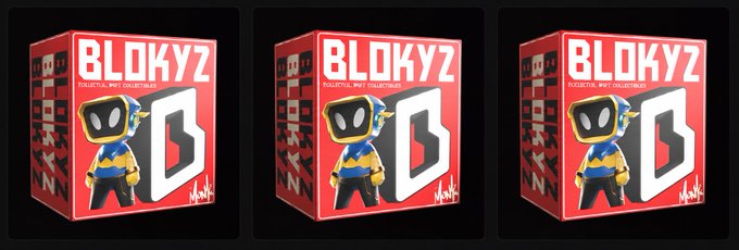 Three identical red "BLOKYZ" collectible NFT boxes featuring a character in a hoodie holding a block-shaped "B" are displayed side by side against a black background, visually emphasizing the risky gamble of selling these mystery boxes pre-reveal before knowing which rare 1/1 edition they contain.