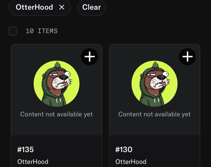 Two OtterHood NFT items (#135 and #130) from a collection of 10 items, both marked 'Content not available yet'.