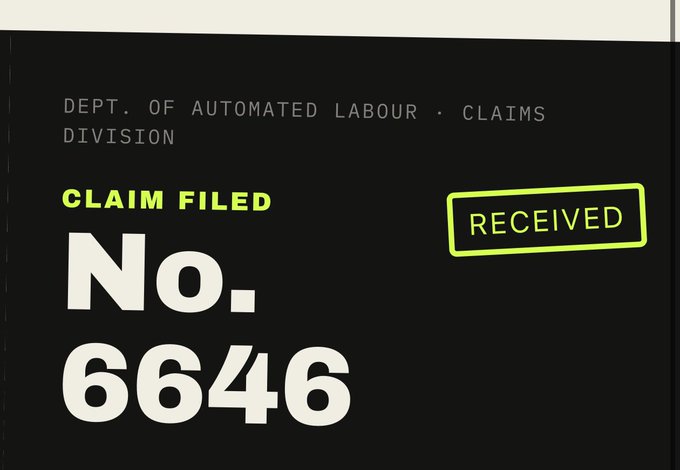 The image shows a black document styled like an official government notice, reading "DEPT. OF AUTOMATED LABOUR · CLAIMS DIVISION" with "CLAIM FILED No. 6646" in large white text and a neon green "RECEIVED" stamp. The accompanying post promotes a "chaintraders.fun/airdrop" opportunity, with the image serving as a visual "claim" notification to create urgency and excitement around the airdrop promotion.