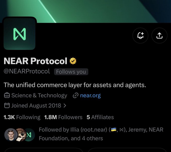The image shows the official X (Twitter) profile page for NEAR Protocol (@NEARProtocol), a verified Science & Technology account with 1.8M followers and 1.3K following, describing itself as "The unified commerce layer for assets and agents" and joined in August 2018. The post references a "God candle" for NEAR Protocol, suggesting a significant price surge, and tags @Nearkat (the NEAR community's cat mascot, partially visible in the follower list showing "root.near" alongside Illia), connecting the celebratory crypto price action to the official NEAR Protocol account.