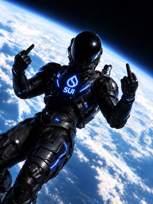 A futuristic armored figure floating above Earth, wearing a black suit with glowing blue accents and the 'SUI' cryptocurrency logo illuminated on the chest.