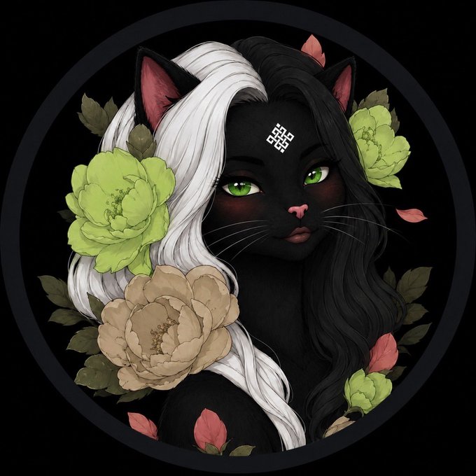 A digital illustration depicts a black cat with green eyes and split black-and-white hair, surrounded by green and peach flowers within a circular black frame.