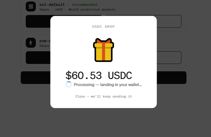 A popup shows a USDC drop of $60.53 processing to a wallet, with the text "Close - we'll keep sending it" — illustrating Moonpay's recurring airdrop-style distribution referenced in the post.