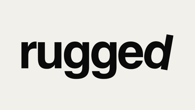 The word 'rugged' displayed in bold black lowercase letters on a white background, stylized in the Rugged apparel brand logo font.