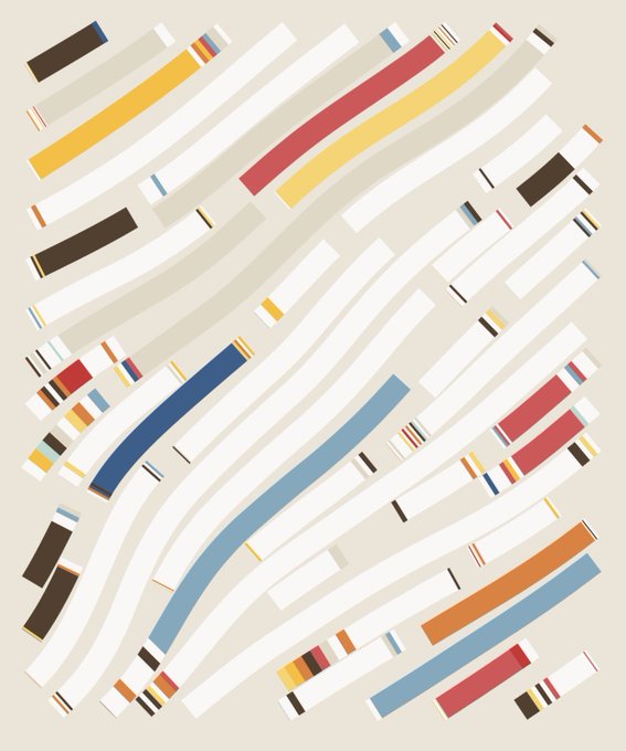 An abstract composition of curving, multicolored rectangular bars in shades of blue, red, yellow, orange, brown, and white set against a cream background, which corresponds to the referenced Fidenza artwork—part of a generative art series by Tyler Hobbs that the poster has facilitated in adding to a collector's portfolio.