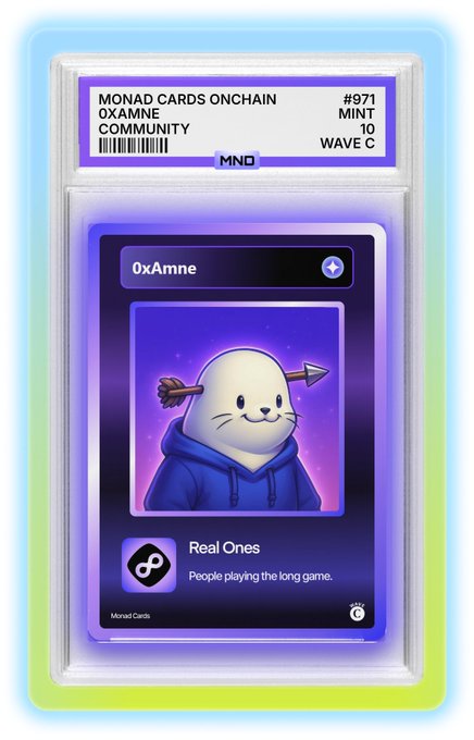 A collectible Monad Cards Onchain card #971 displays the "OxAmne" wallet with a "Real Ones" trait, featuring a cute seal character in a blue hoodie with an arrow through its head against a starry purple background. The card, labeled MINT, WAVE C, and part of the 0xamne community, was shared in response to the "Gmonad Show me your monad card" prompt as a personal example.