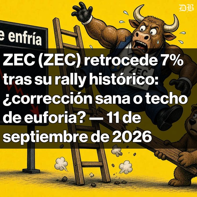 A Spanish-language financial news graphic featuring a cartoon bull falling backward off a ladder, with the headline "ZEC (ZEC) retrocede 7% tras su rally histórico: ¿corrección sana o techo de euforia? — 11 de septiembre de 2026".