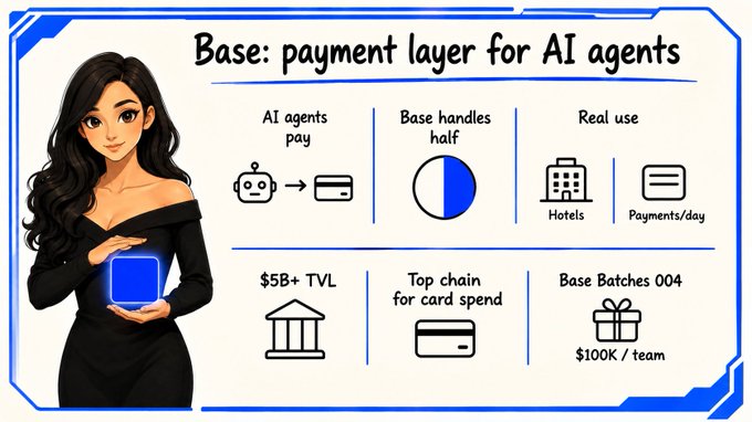 An illustrated graphic promoting Base as the payment layer for AI agents, highlighting that agents handle 14 million x402 transactions with Base processing half (7.3 million), alongside metrics like $5B+ TVL, top chain for card spend, $100K per team via Base Batches 004, and real-world use cases like hotels and payments. The image visually supports the post's claim that Base dominates half of all AI agent payment activity, with a woman in a black dress holding a glowing blue Base logo.