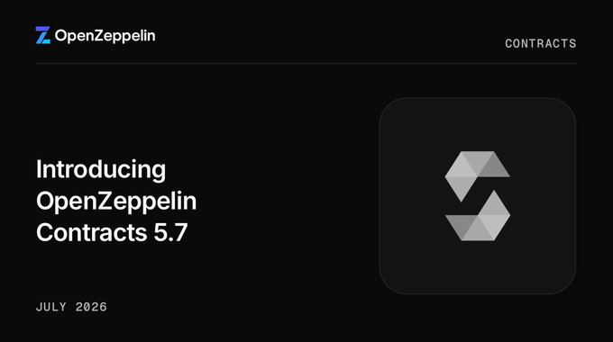A dark-themed announcement slide for OpenZeppelin Contracts reads 'Introducing OpenZeppelin Contracts 5.7' dated July 2026, accompanied by a geometric logo.