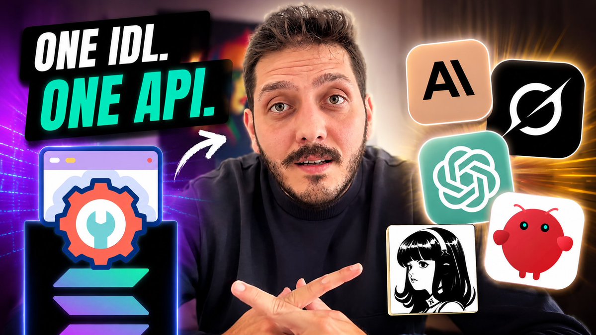 A YouTube thumbnail featuring a man with a beard pointing, surrounded by logos including 'AI', ChatGPT, and other AI tools, with text reading 'ONE IDL. ONE API.'