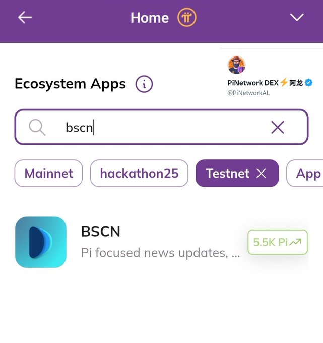 The image shows a screen with a social media app displaying an information about the ecosystem apps. One of these apps is BSCN (Backing Science Network), which has recently joined the #PiNetwork Ecosystem Application List. This new addition to the list means that BSCN will be live on the testnet, and it is currently attracting 5.5K views from Pi users around the world. The post emphasizes how this app helps expand the global influence of Pi by providing access to its valuable data and resources.