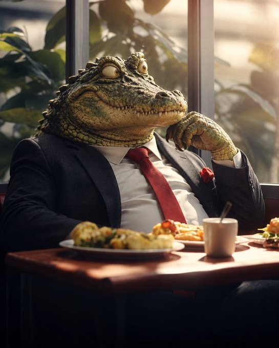 An AI-generated image of an anthropomorphic crocodile wearing a dark suit, white shirt, and red tie, sitting at a restaurant table with food and a coffee mug, resting its chin on its claw.