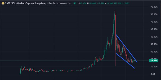 The image shows a 1-hour candlestick chart of CATE/SOL on Pumpswap, with a market cap reaching a peak around 90M before entering a descending channel (highlighted by blue trendlines) down to approximately 18.38M, illustrating the volatile post-launch price action of the Catecoin memecoin being promoted in the post.