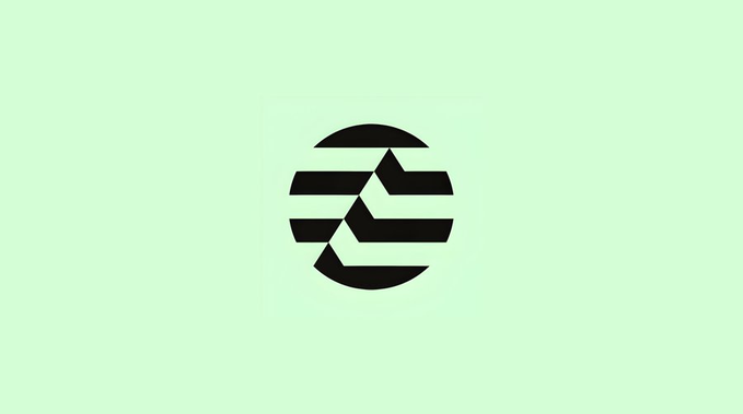 A minimalist logo featuring a stylized black circular emblem composed of horizontal bars with an angular cutout, set on a light mint green background.