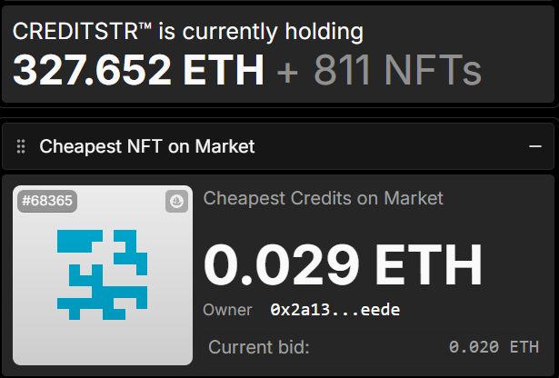 The image shows the CREDITSTR™ treasury currently holding 327.652 ETH and 811 NFTs, with the cheapest NFT (#68365) listed on the market at 0.029 ETH (current bid 0.020 ETH), visually confirming the significant ETH buy pressure and NFT accumulation backing the tokenworks launch mentioned in the post.