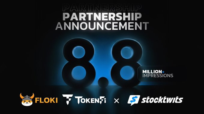 The image features a promotional poster for a marketing campaign that has been launched by a company named Floki. The poster includes two large black numbers, 8 and 8, which are surrounded by blue lights. Below these numbers, there's text that reads "Partnership Announcement" and "8 Million Impressions". In the bottom right corner of the image, there is a logo for a company called "Takeni", and in the bottom left corner, there is a logo for a company named "Stocktwits". The overall design of the poster suggests that it's part of a marketing campaign to promote a partnership between Floki and another company.