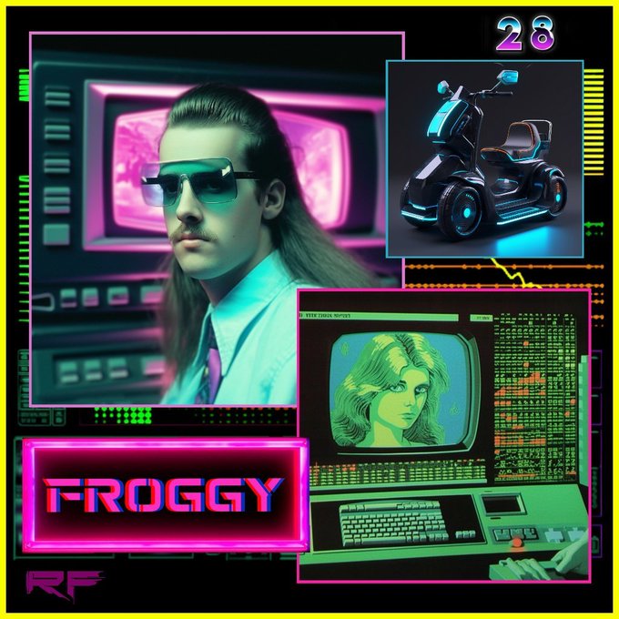 The image features a collage with three distinct elements related to the character Froggy from the video game "Froggy". The first element is a man wearing sunglasses, standing next to a TV screen displaying a woman's face. The second element is an old-fashioned TV monitor showing a cartoon girl and a neon sign that reads "Froggy" in pink letters. The third element is a keyboard with the character Froggy on it.

The image also includes text that says "Focus on what is in the image and how it relates to the post". This suggests that the collage might be part of a larger discussion or analysis about the character Froggy, his relationship with Sheeba (an AI), and their digital interactions.