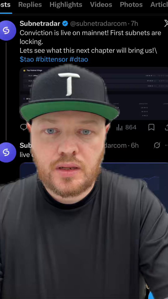 The image shows a man wearing a black T-shirt, with his face partially visible as he looks directly at the camera. The background features a computer screen displaying a Twitter feed that includes a message from SubnetOwner.com about a new subnet owner commitment and an upcoming phase 1 of the project.