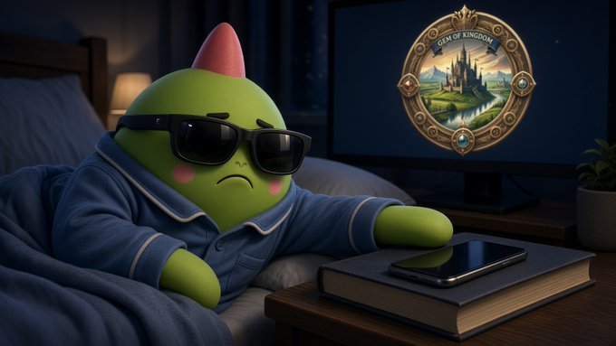 A green cartoon character with a pink horn, wearing sunglasses and blue pajamas, looking at a phone on a book, with a 'Gem of Kingdom' emblem on the TV behind.