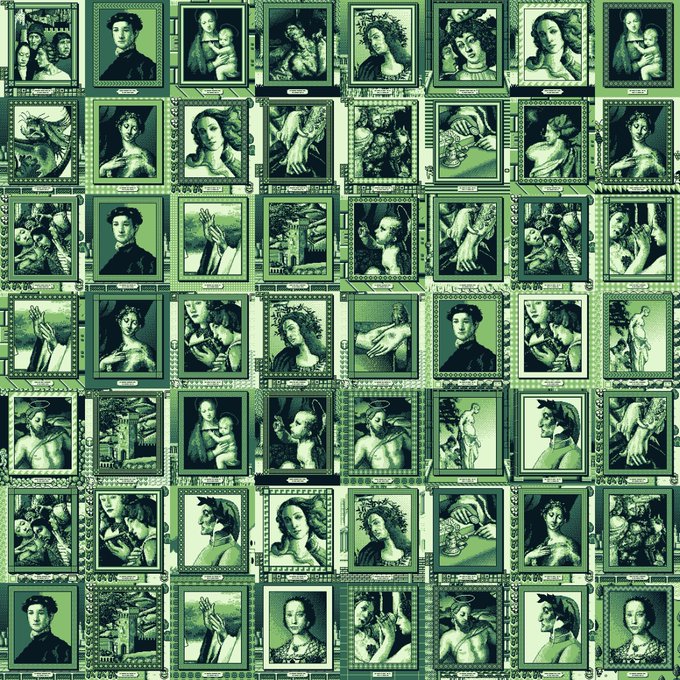 A green-tinted grid collage featuring repeated reproductions of classical Renaissance-style portraits and figures, arranged in a densely packed pattern of framed images. The post expresses support for an art NFT collection called "The Galleria NFT" by @cartyisme, with the image serving as a visual showcase of these classical artwork pieces added to their collection.