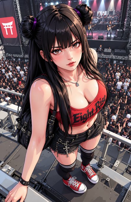 An anime-style illustration of a black-haired girl with twin buns wearing a red 'Eight Rise' crop top and red Converse sneakers, posed on stage at a concert.