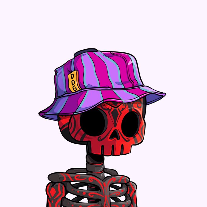 A digital illustration of a red skeleton wearing a purple and pink striped bucket hat with 'DDG' on a yellow tag.