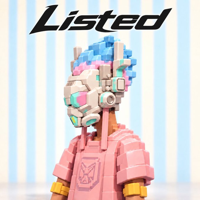 A 3D rendered cyberpunk-style figure with a pink armored outfit and a blocky helmet featuring blue hair-like structures and glowing accents, with the word 'Listed' in stylized black text above.