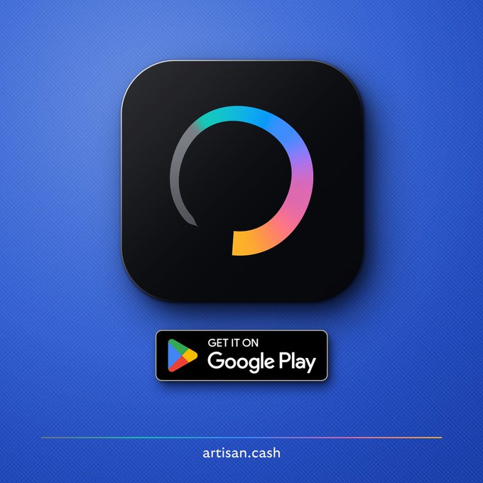 A blue promotional graphic displays a black app icon with a multicolor ring, a “GET IT ON Google Play” badge, and the website “artisan.cash.”