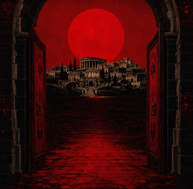 A dark, atmospheric digital artwork showing an open stone archway with red doors leading to a pathway toward an ancient city, with a large red moon dominating the red sky above.