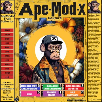 The image is a vibrant Ape-Mod-X Couture trading card featuring a stylishly dressed ape character with an "X" cap, surrounded by colorful flowers, and displaying text like "ApeMods Collection," "ApeMods Basics," "LARGESIZE WHITES & YELLOW DAHLIAS," "BLUE & ORANGE," "BLACK BASSMAN CAP," and references to "GOODBAG" and "XRPL." It showcases one of three custom-designed cards mentioned in the post, which highlights the artwork being sold as part of a TCG/Web3 NFT gaming project on the XRP Ledger.