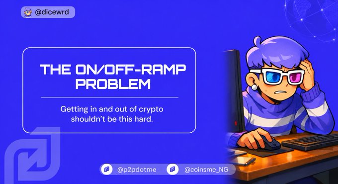 A frustrated anime-style character with glasses sits at a computer beside text reading "THE ON/OFF-RAMP PROBLEM - Getting in and out of crypto shouldn't be this hard," visually capturing the post's message about the frustrating difficulties of converting between fiat and cryptocurrency, particularly in Nigeria.
