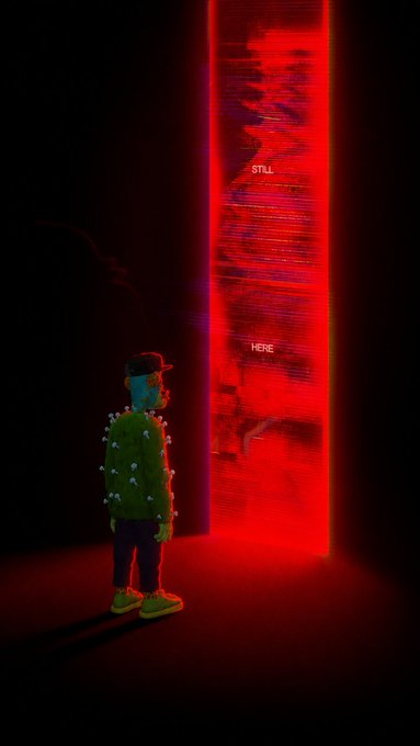 A digital artwork showing a figure in a green sensor-covered jacket standing in darkness facing a glowing red vertical light portal with the words 'STILL' and 'HERE' inside it.