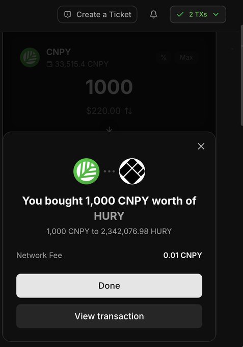 A confirmation pop-up on CNPY Network shows a completed swap of 1,000 CNPY for 2,342,076.98 HURY tokens, with a 0.01 CNPY network fee and options to view the transaction or close the modal. This illustrates the post's message of community participation on CNPY, where users actively support emerging chains through token swaps rather than passively observing.