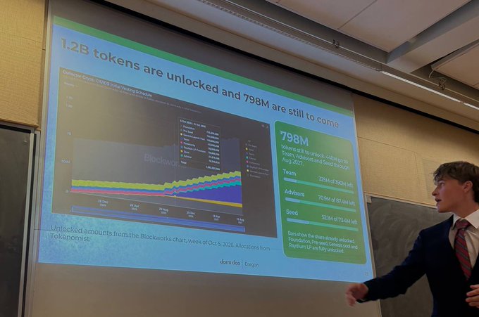 A presenter pointing to a presentation slide titled '1.2B tokens are unlocked and 798M are still to come,' showing a detailed tokenomics chart for what appears to be a crypto project.