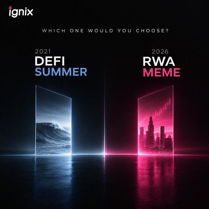 Promotional graphic from Ignix asking 'WHICH ONE WOULD YOU CHOOSE?' between '2021 DEFI SUMMER' (left, with ocean wave imagery) and '2026 RWA MEME' (right, with cityscape and candlestick chart imagery).