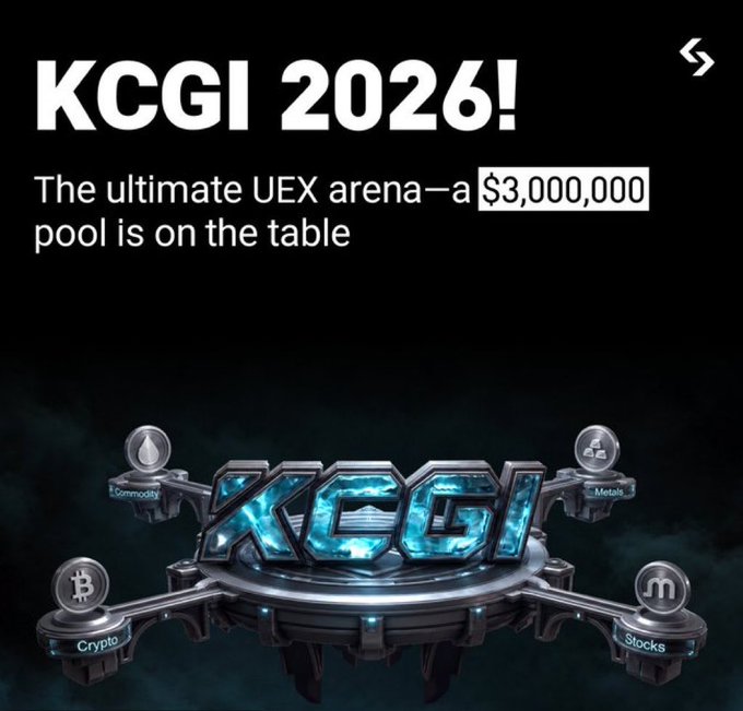 A promotional banner for "KCGI 2026!" featuring a $3,000,000 prize pool and a futuristic trophy with four category platforms labeled Crypto, Stocks, Metals, and Commodity, aligning with the post's excitement about Bitget's unified competition covering crypto, tokenized US stocks, commodities, and metals.