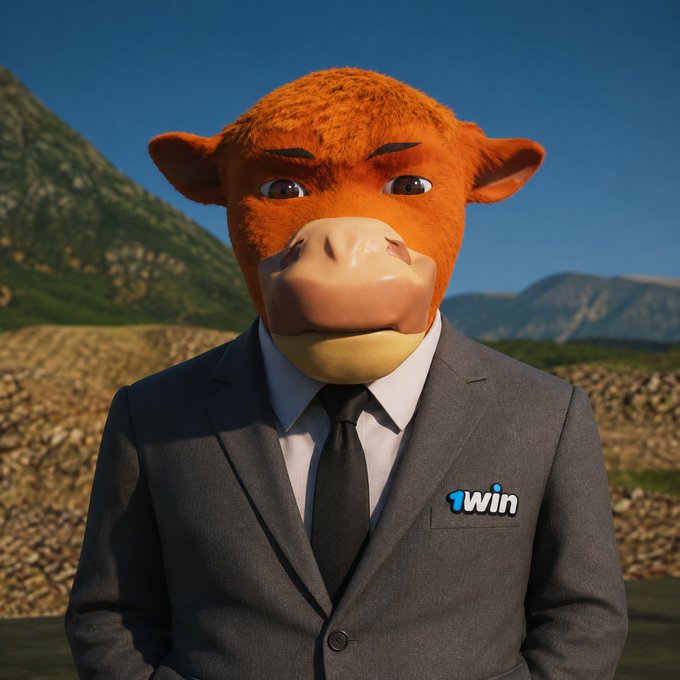 A 3D rendered orange bear-like character wearing a grey suit and black tie with a '1win' badge, standing against a mountainous landscape background.