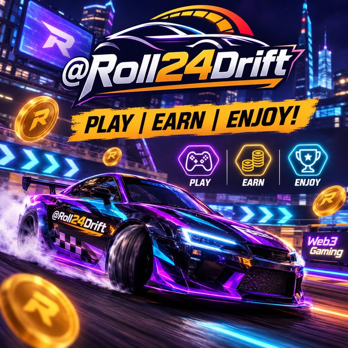 A vibrant promotional graphic for @Roll24Drift, a Web3 gaming platform, featuring a sleek purple and chrome sports car drifting through a neon-lit cityscape at night, with the tagline "PLAY | EARN | ENJOY!" and three icons representing gameplay, coin earnings, and rewards, surrounded by floating "R" tokens. The imagery directly matches the post's theme of exploring the Play-to-Earn Web3 gaming ecosystem of Roll24Drift.