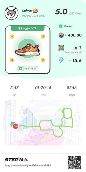 The image shows a step-by-step guide for using an app called "StepN" that tracks steps taken during a run, as well as other information such as calories burned and distance traveled. The app provides a map of the user's route with directions on how far they have gone and where to go next.
