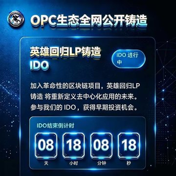 A blue digital promotional graphic features Chinese text including 'OPC生态全网公开铸造' and '英雄回归LP铸造', a countdown timer showing '08 18 08 18', and a button reading 'IDO 进行中'.