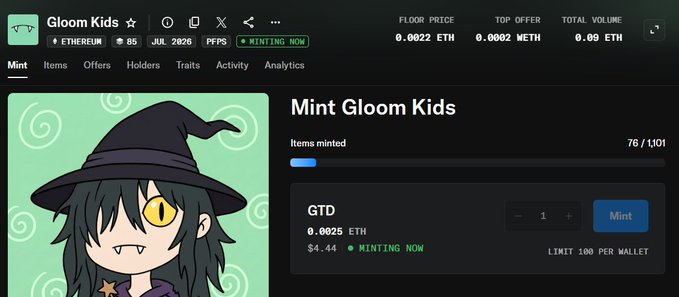 NFT minting page for 'Gloom Kids' collection on Ethereum, showing 76/1101 items minted at a floor price of 0.0022 ETH.